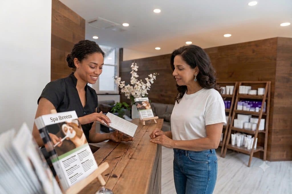 Une cliente accueillie dans un spa par une conseillère