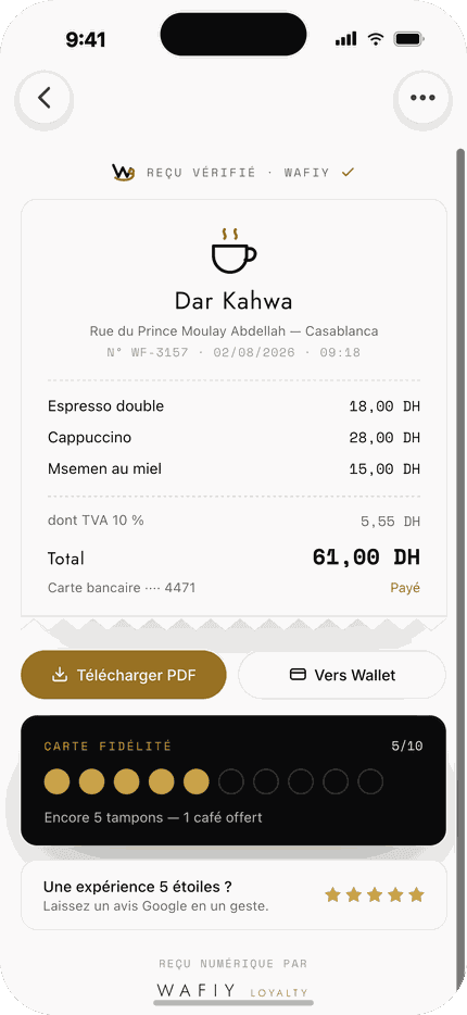 Reçu digital Wafiy — Dar Kahwa, avec carte de fidélité et demande d’avis