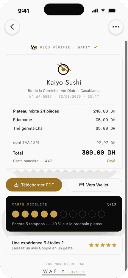 Le client scanne le QR code du comptoir pour récupérer son reçu